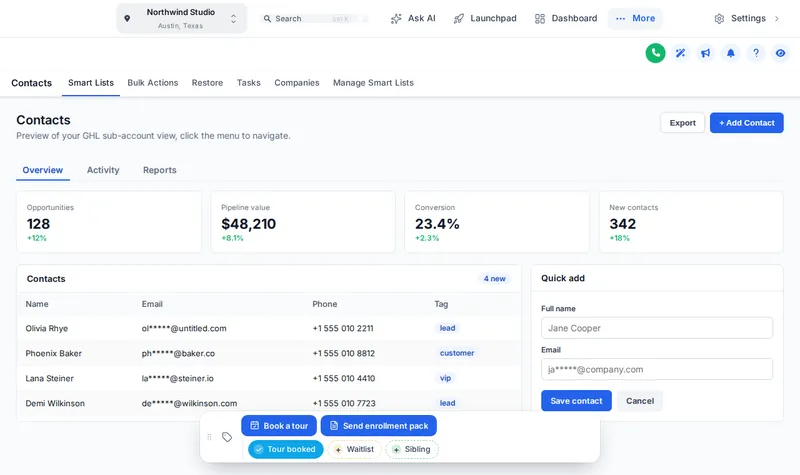 Contact actions bar with childcare quick tags