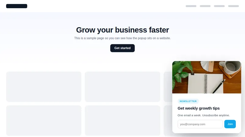 Newsletter slide-in popup on a sample website